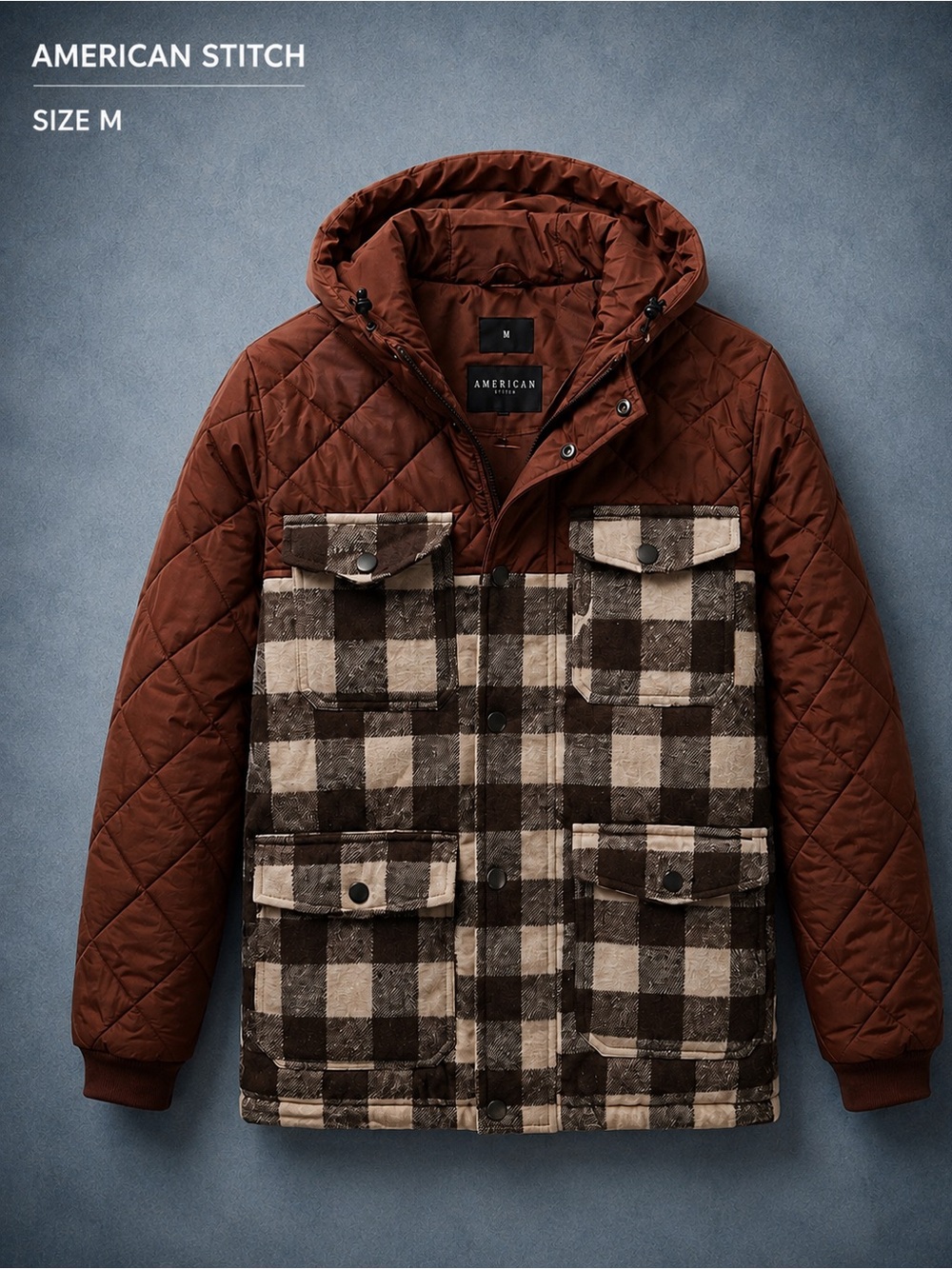 American Stitch Mix Media Hooded Jacket Brown Plaid Quilted Men’s M NWT